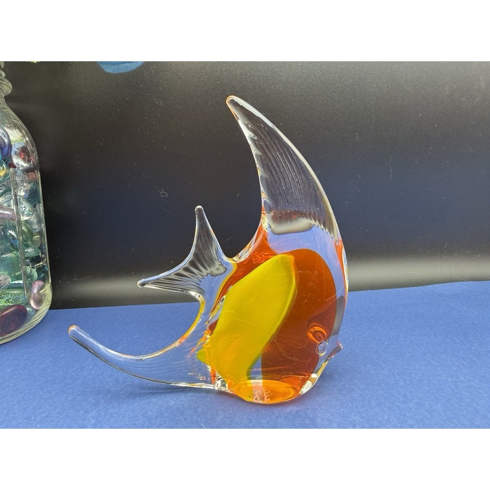 Vibrant Hand Blown Glass Angelfish Desktop Paperweight Orange & Yellow Art Decor